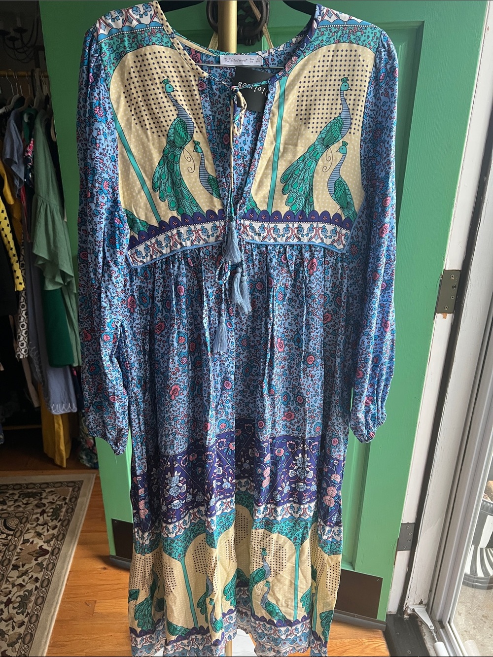 Boho Peacock Print Maxi Dress in Blue 💕 size small - Picture 4 of 7